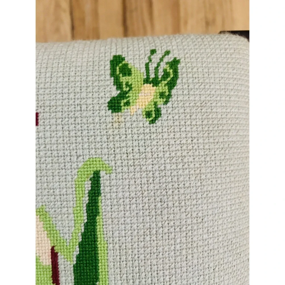 Vintage Grasshopper Needlepoint Footstool Bench Wood 15 L x 12 H 10 W